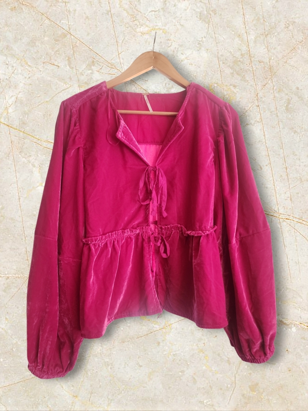 Free People Fuchsia Velvet Tie-Front Peplum Blouse